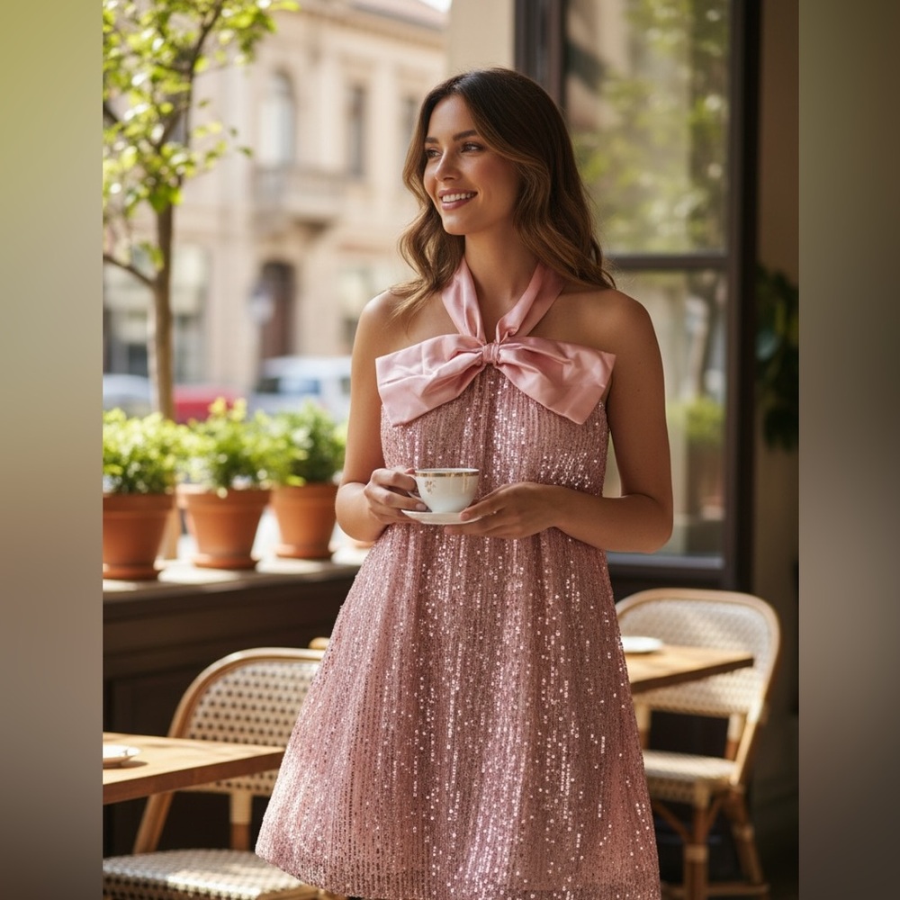 Pink Sequin Halter Dress with Satin Bow